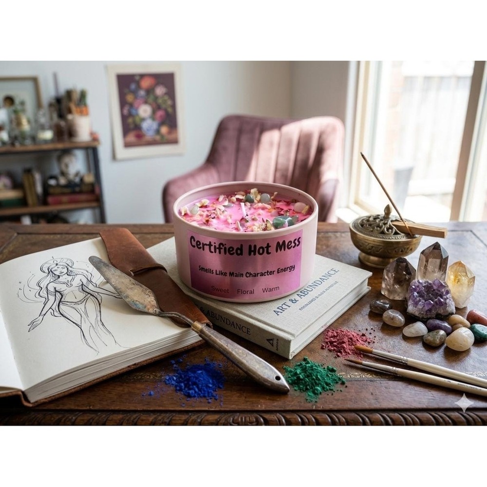 Certified Hot Mess Soy Candle –Sweet Floral Scent, Main Character Energy Crystal